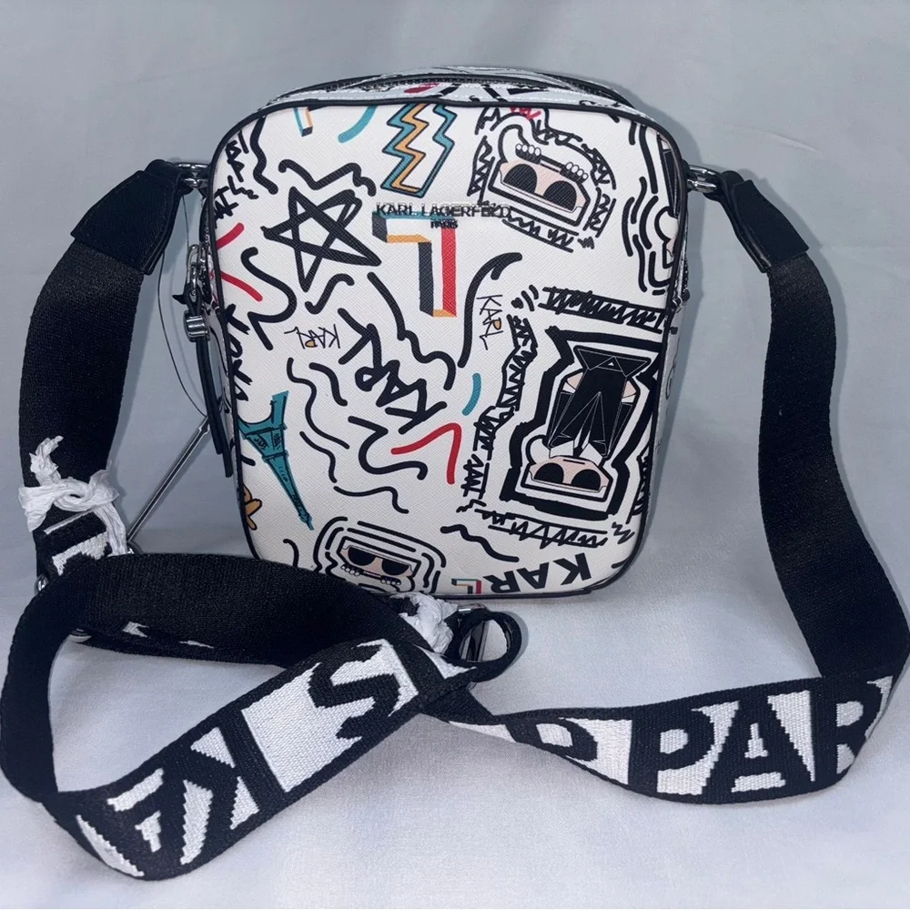 Karl Lagerfeld Black and White Messenger Bag with Graphic Design
